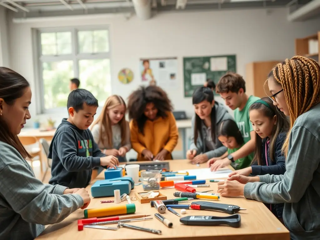 A group of students participating in a workshop on traditional boat building techniques at the Maritime Museum in La Rochelle, France. The students are actively engaged in the process, guided by an experienced instructor.