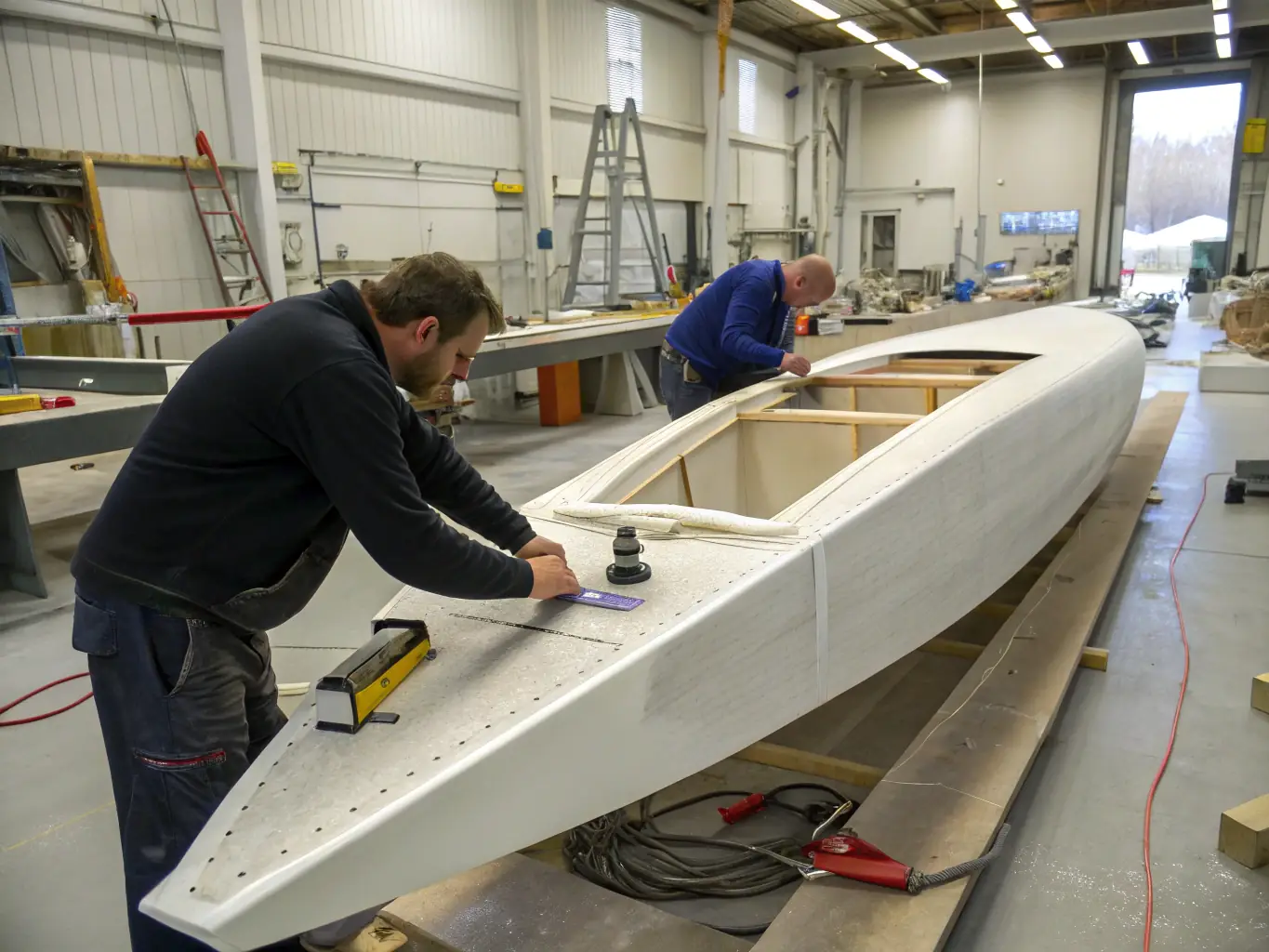 A team of volunteers carefully restoring a historic wooden boat at the Maritime Museum in La Rochelle, France. The volunteers are using traditional tools and techniques to preserve the vessel's original character.