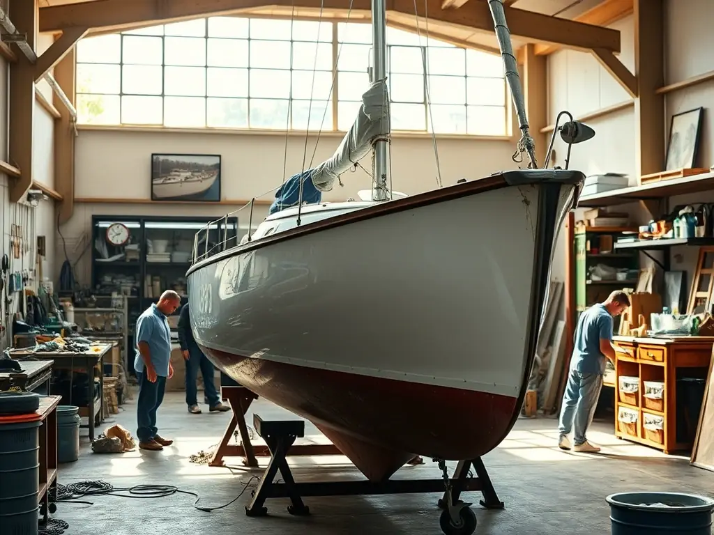 A group of volunteers working together on the restoration of a historic wooden boat at the Maritime Museum in La Rochelle, showcasing teamwork and dedication to preserving maritime heritage.