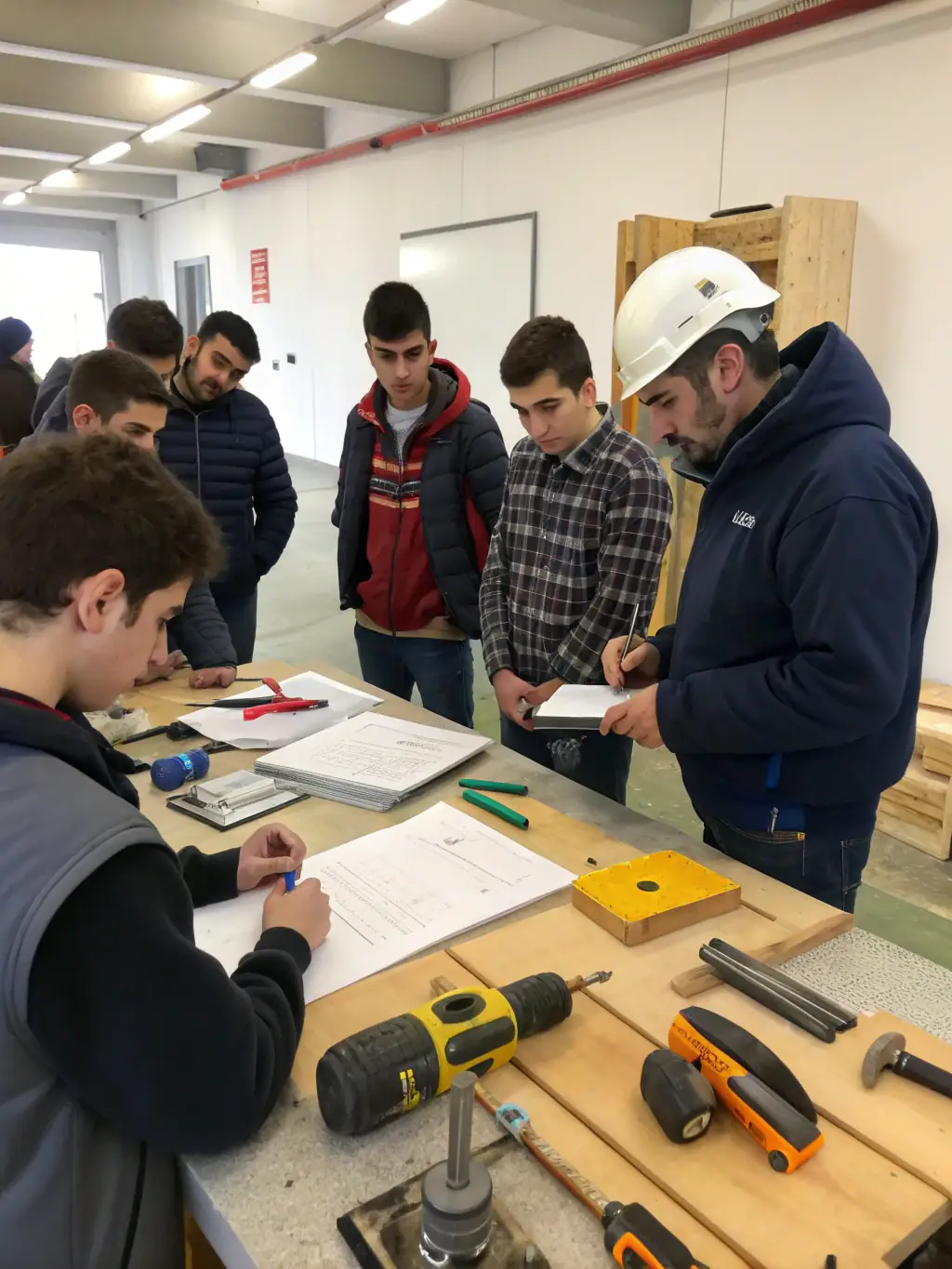 A group of students learning about traditional boat building techniques in a workshop setting at the Maritime Museum of La Rochelle.