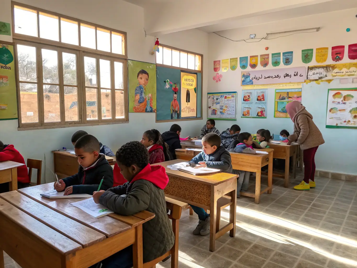 A classroom setting with children participating in a maritime-themed educational workshop, learning about nautical skills and maritime history through interactive activities.