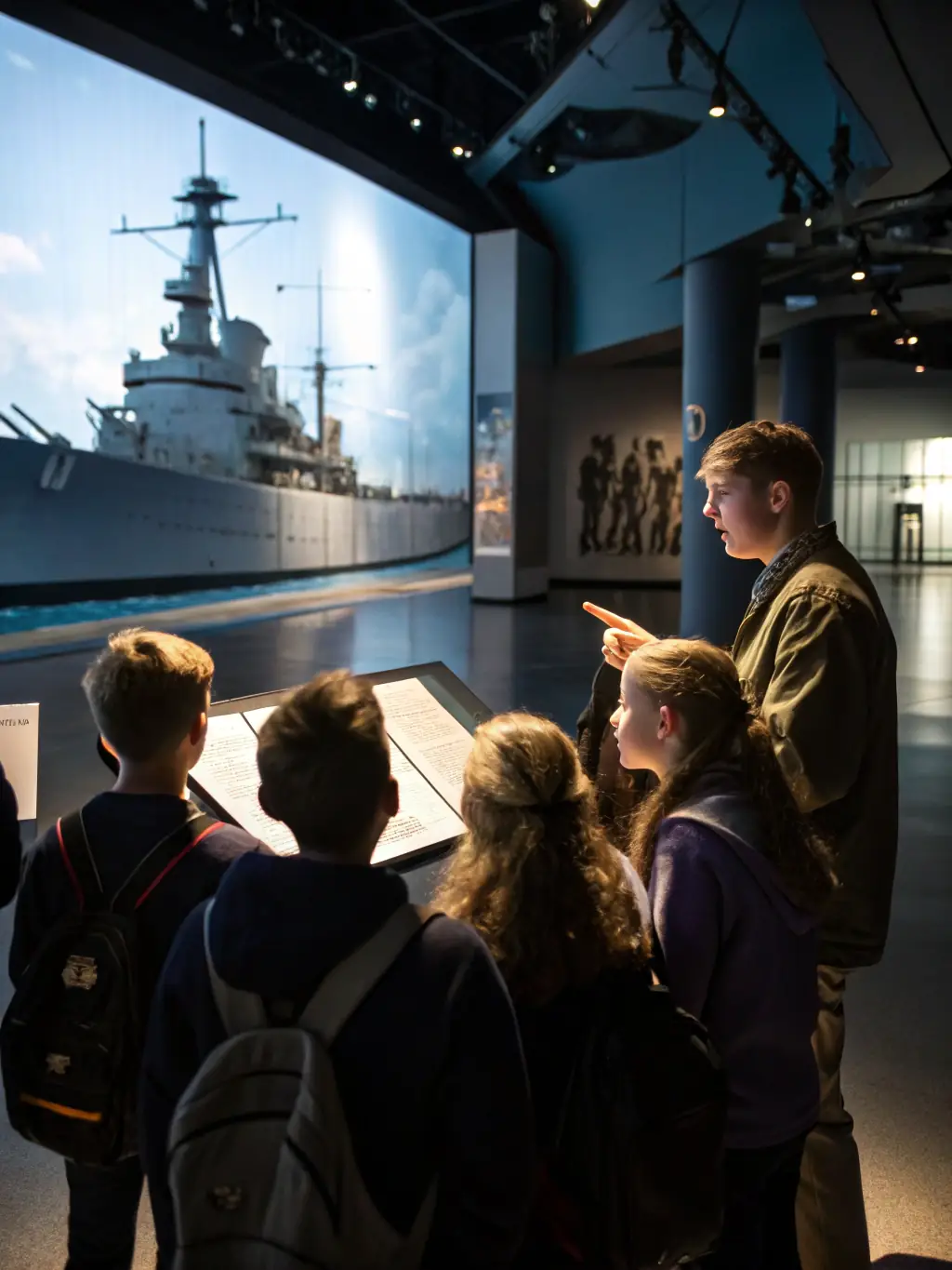 A picture of a guided tour of historic ships at the Maritime Museum, with a knowledgeable guide explaining the ship's history.