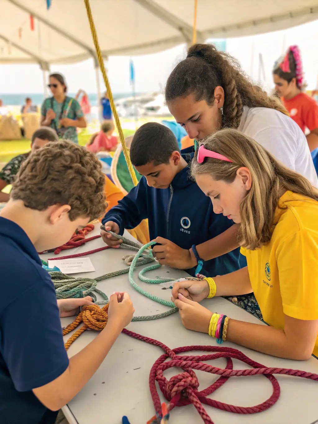 A photograph of children participating in a maritime-themed educational workshop at the Maritime Museum of La Rochelle, focusing on knot-tying techniques.